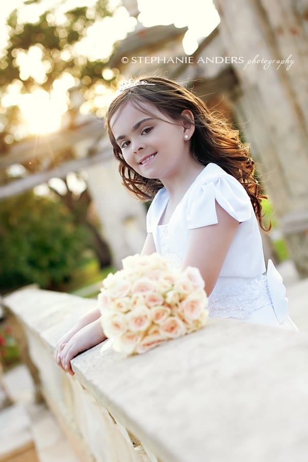 young girl dressed for First Communion photos