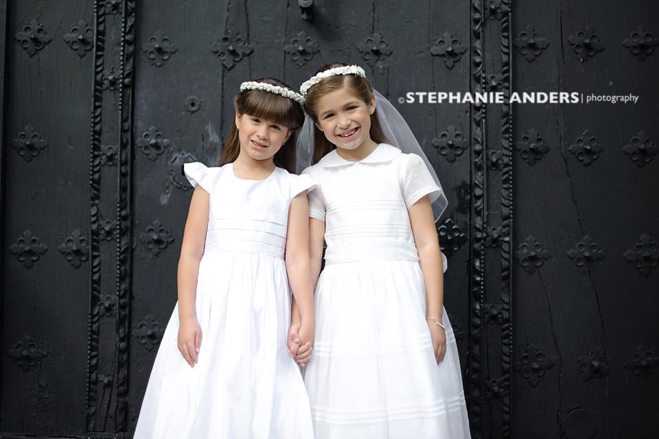 best friends in white dresses with headband
