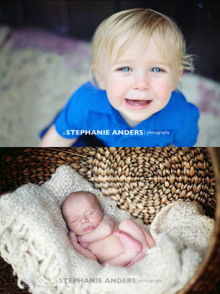 small boy with brite blue eyes and his newborn photo of him in basket