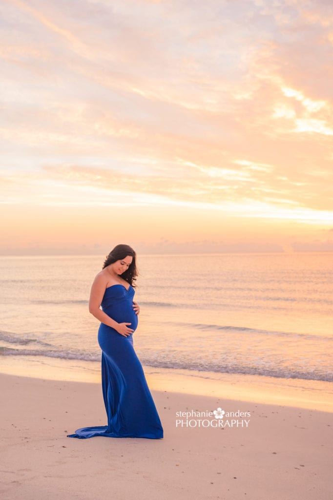 Maternity Beach Photoshoot at sunrise in blue dress