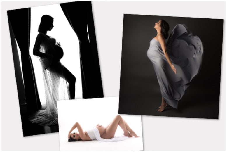Four pictures of a pregnant woman posing in black and white.