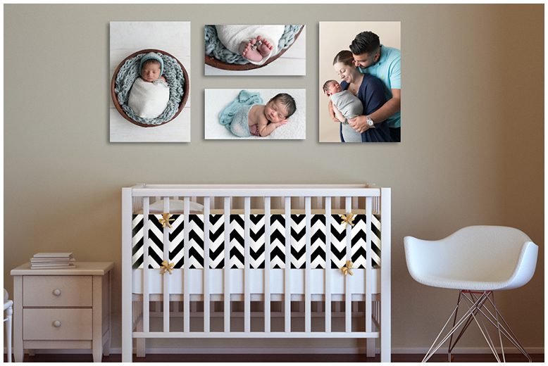 A baby's nursery with pictures on the wall.
