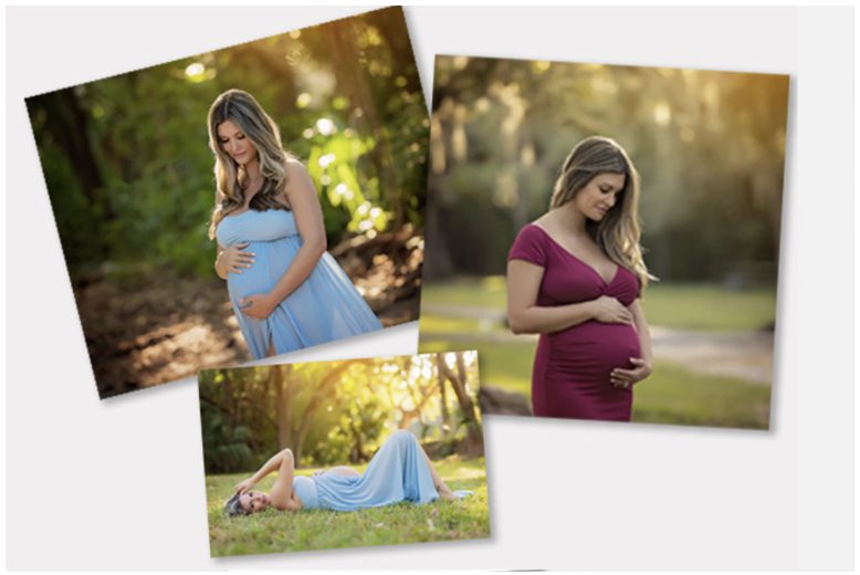 Four pictures of a pregnant woman laying in the grass.