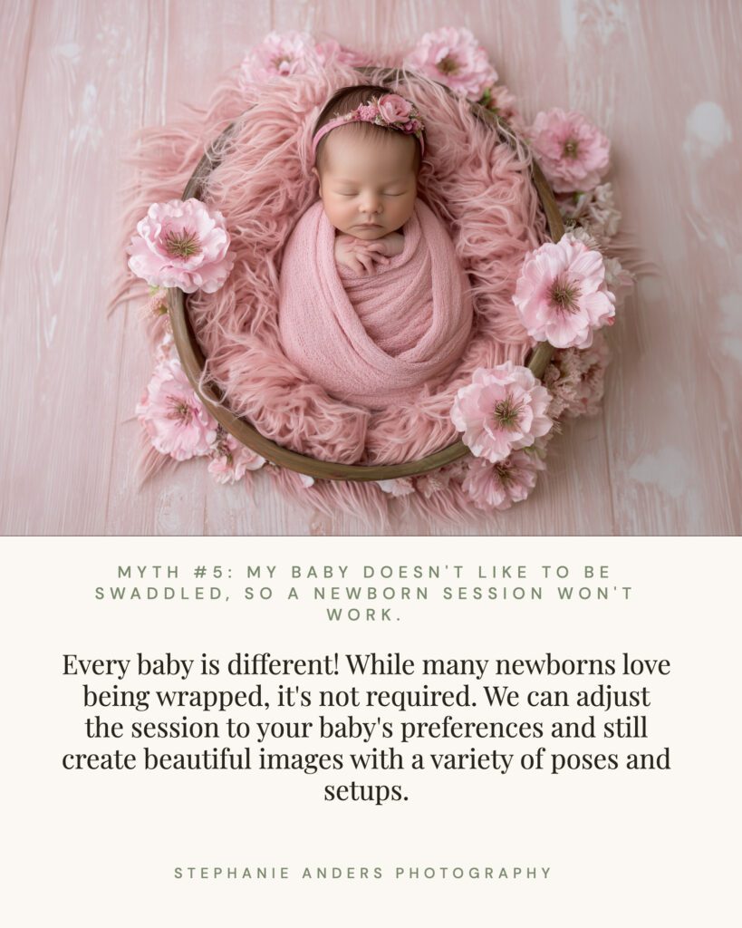 A newborn baby wrapped in a pink blanket sleeps in a round basket, surrounded by pink flowers, on a pink furry surface.