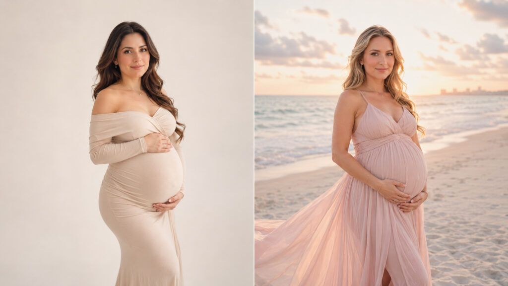 Side-by-side photos of two pregnant women in long dresses, showcasing the contrast between studio vs beach maternity photos in Miami—one indoors against a light background, the other outdoors on a beach at sunset.