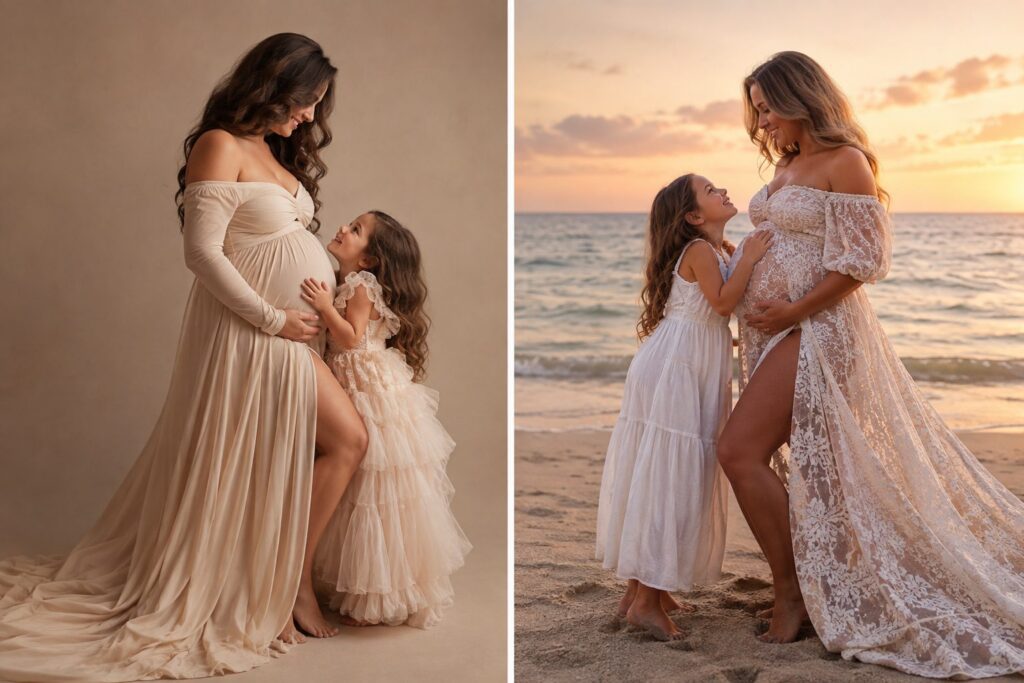 A pregnant woman stands with a young girl, both dressed in light dresses. Left: a studio setting highlights the elegance of their pose, while right: the beach at sunset captures their warm smiles as they touch the woman’s belly in both images. These studio vs beach maternity photos Miami beautifully show two unique backdrops for celebrating motherhood.