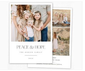 Family holiday card featuring three children in coordinated outfits, standing outdoors with adults partially visible, and the text “Peace & Hope, The Hudson Family, 2020.” Perfect inspiration for Miami family photos for holiday cards.