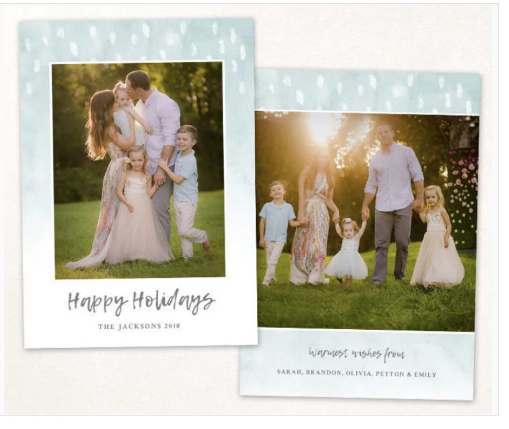 Two family holiday cards showcase parents and four children posing outdoors in coordinated pastel outfits, capturing the essence of Miami family photos for holiday cards. Text reads “Happy Holidays” and “Warmest wishes from Sarah, Brandon, Olivia, Peyton & Emily.”.