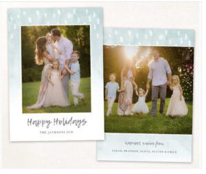 Two family holiday cards showcase parents and four children posing outdoors in coordinated pastel outfits, capturing the essence of Miami family photos for holiday cards. Text reads “Happy Holidays” and “Warmest wishes from Sarah, Brandon, Olivia, Peyton & Emily.”.