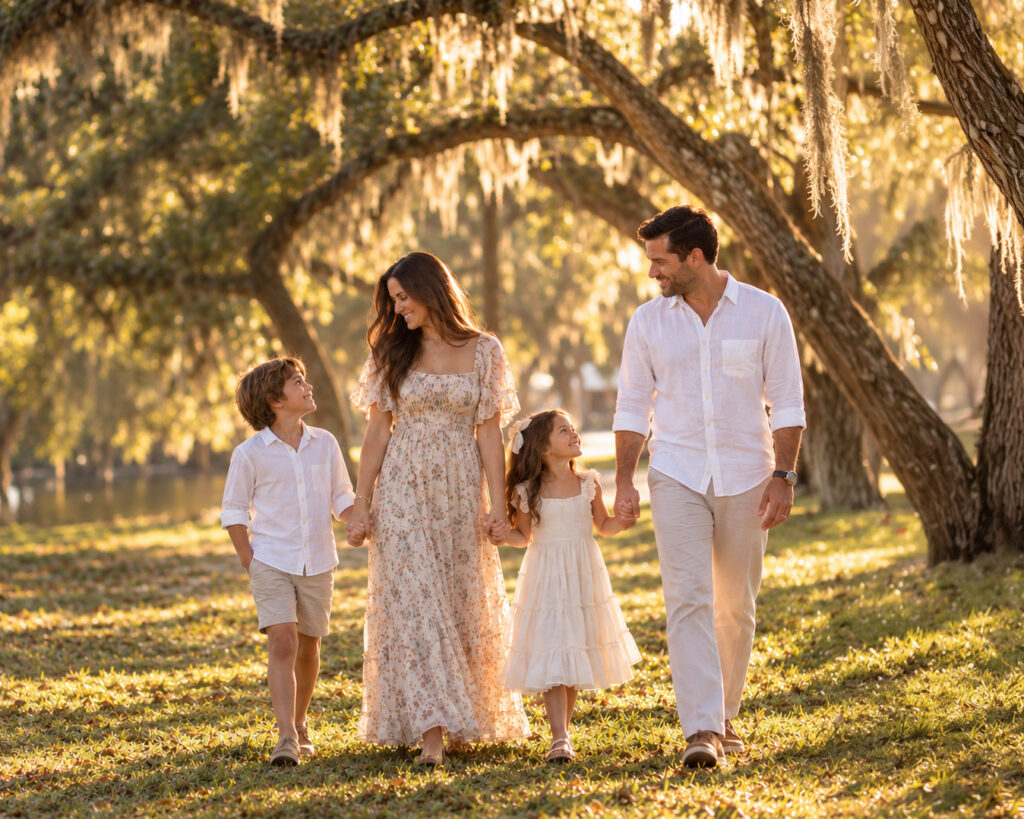 A family of four, dressed in light-colored clothes, walks hand in hand outdoors under large trees with hanging moss on a sunny day—capturing the best time for family photos in Miami.