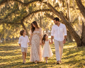 A family of four, dressed in light-colored clothes, walks hand in hand outdoors under large trees with hanging moss on a sunny day—capturing the best time for family photos in Miami.
