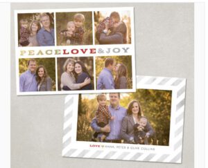 Two family photo cards featuring a couple and two young children outdoors, perfect for Miami family photos for holiday cards, with text reading “PEACE LOVE & JOY” and “LOVE ANNA, PETER & OLIVE COLLINS.”.
